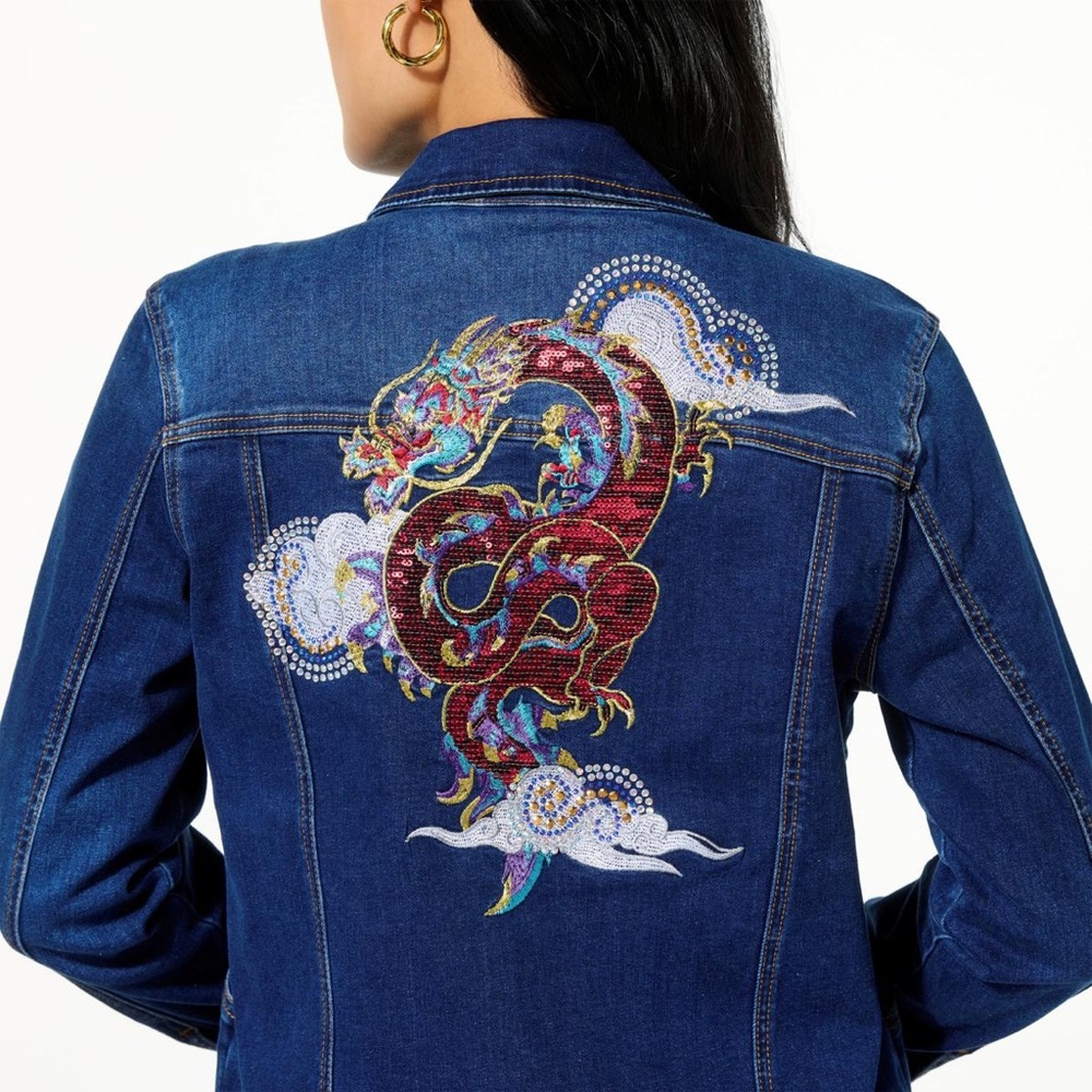 DG2 by Diane Gilman New Classic Stretch Denim Embroidered Jean Jacket - Medium
